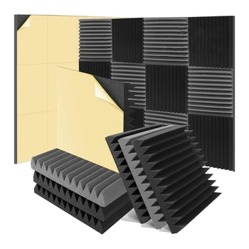12 Упаковка 2X12x12 дюймов Звукоизоляционные стеновые панели Самоклеящиеся для домашней студии Офис, черный и серый