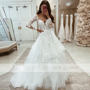 2021 Sweetheart Кружевное свадебное платье Длинные рукава Аппликации Свадебное платье А-силуэта Vestido De Novia