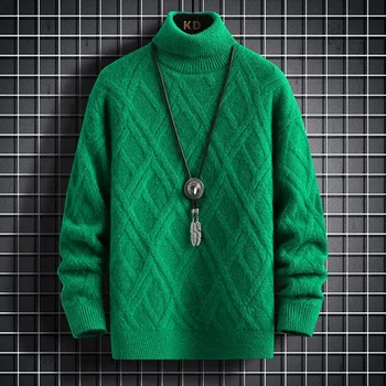 2023 корейский свитер Harajuku Свитер со стоячим воротником Вязаный пуловер Осень Мужской Узкий Фитинг Однотонный Клетчатый Свитер Мужская одежда