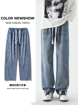 2023 Новый корейский стиль Широкие джинсы с градиентом Мужчины Прямые Светло-голубые Средние эластичные брюки Мужские брюки Размер 3XL