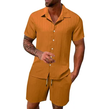 2024 Новая летняя мужская однотонная хлопковая льняная полосатая рубашка с коротким рукавом Ежедневный пляжный гавайский высококачественный набор из 2 предметов