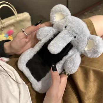 3D Милый Слон Мягкий Пушистый Плюшевый Чехол Для Телефона Для iPhone 15 14 13 12 Pro Max 15pro Теплый Пушистый Мультяшный Чехол Для Девочек Женщин Чехол