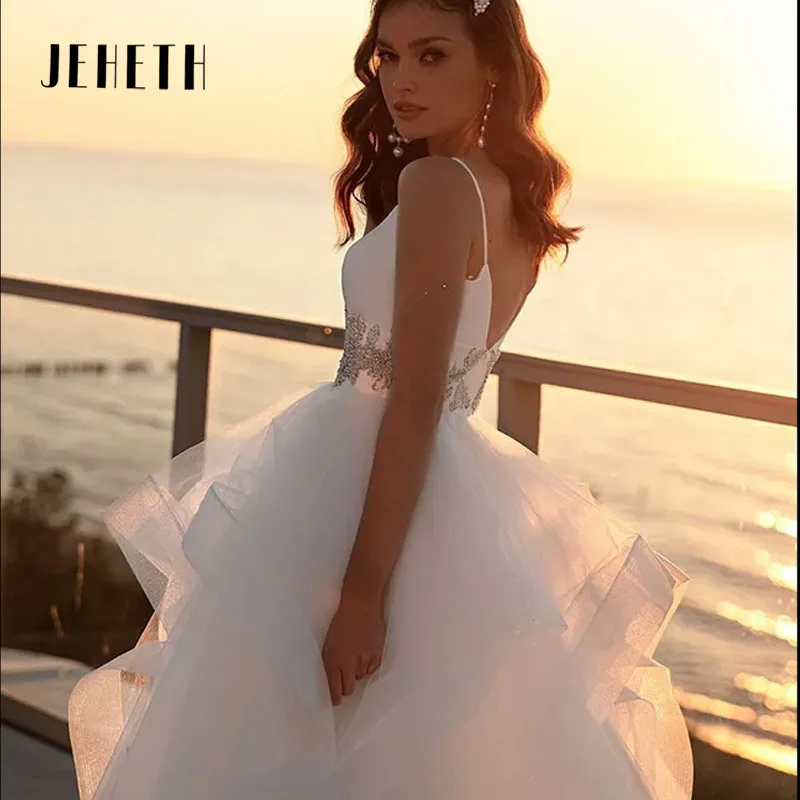 JEHETH V-образный вырез Спагетти Бретели Многоуровневое свадебное платье для женщин А -Line Тюль Свадебные платья Сексуальная спинка с хрустальным Vestido