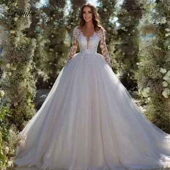 Liyuke Элегантное кружевное свадебное платье с длинными рукавами Бисероплетение Блестки Жемчуг Аппликации Свадебные платья Vestido De Noiva