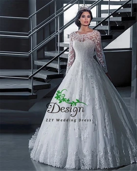 Luxury Vestidos De Novia scoop Бальное платье Свадебные платья Кружевные аппликации Длинные рукава Бисероплетение Белые свадебные платья на заказ
