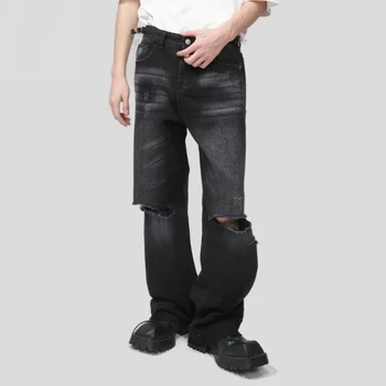 Niche Design Sense Новые стиранные потертые джинсы для мужчин Одежда Y2K Винтажные джинсовые брюки в американском стиле с рваным отверстием 청바지джинсы