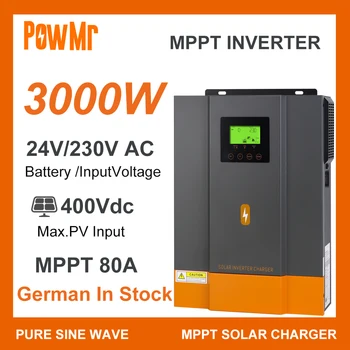 PowMr MPPT 80A Солнечное зарядное устройство 3000 Вт Инвертор постоянного тока 24 В Широкое напряжение ЖК-дисплей Гибридный солнечный инвертор 220 В переменного тока Солнечная панель PV 450 В постоянного тока
