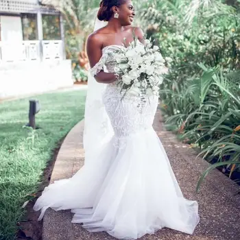 Африканские свадебные платья русалки Большие размеры с открытыми плечами Кружевные аппликации Свадебные платья для черных девушек Тюль Vestidos De No