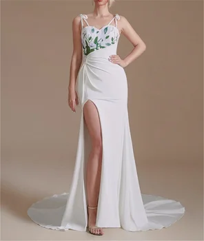 белый русалка вечернее платье стильный разрез кружевные подтяжки выпускное платье с открытой спиной сексуальный ремешок простой шифон ткань матовый шлейф