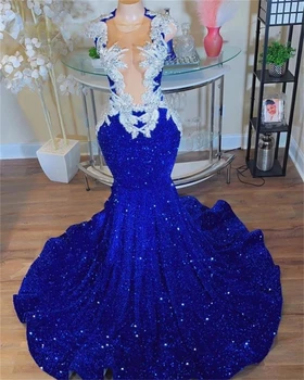Блестящие королевские синие длинные выпускные платья для черных девушек прозрачные пайетки платья на день рождения африканская русалка вечернее платье de