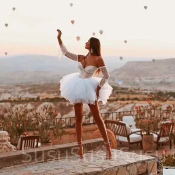 Короткие свадебные платья без бретелек выше колена для невесты Возлюбленная Корсет Сверкающий белый лебедь Свадебные платья Vestidos De Novia 2023