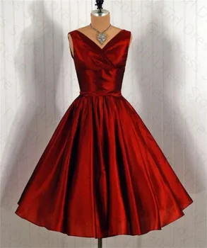 Красивые винтажные вечерние платья V-образным вырезом Спагетти на бретелях Линия Royal Red Prom Платья Tea Length Tafftea Prom Dress vestido