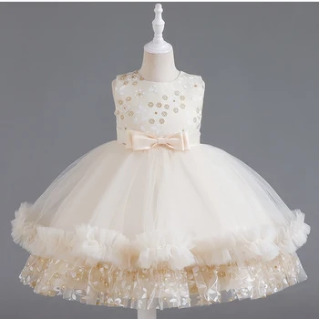 Новые платья для девочек с цветком шампанского для свадеб Гала-вечеринка Тюль с круглым вырезом и бантом Детское бальное платье принцессы на день рождения 2023