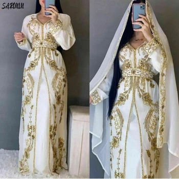 Платье-кафтан Саудовская Аравия Выпускное платье с длинным рукавом Дубай Марокканский кафтан Элегантное вечернее платье с V-образным вырезом Арабское женское вечернее платье Большие размеры