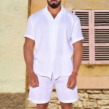  повседневная мода с коротким рукавом рубашка на пуговицах топ шорты льняной костюм отпуск наряды лето мужские шорты из двух частей комплект спортивный спортивный костюм