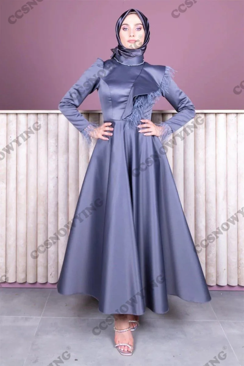 Простые мусульманские вечерние платья с длинным рукавом и высоким воротником Шифон Вечернее платье Хиджаб Женщины Арабский Кафтан Халат De Soiree