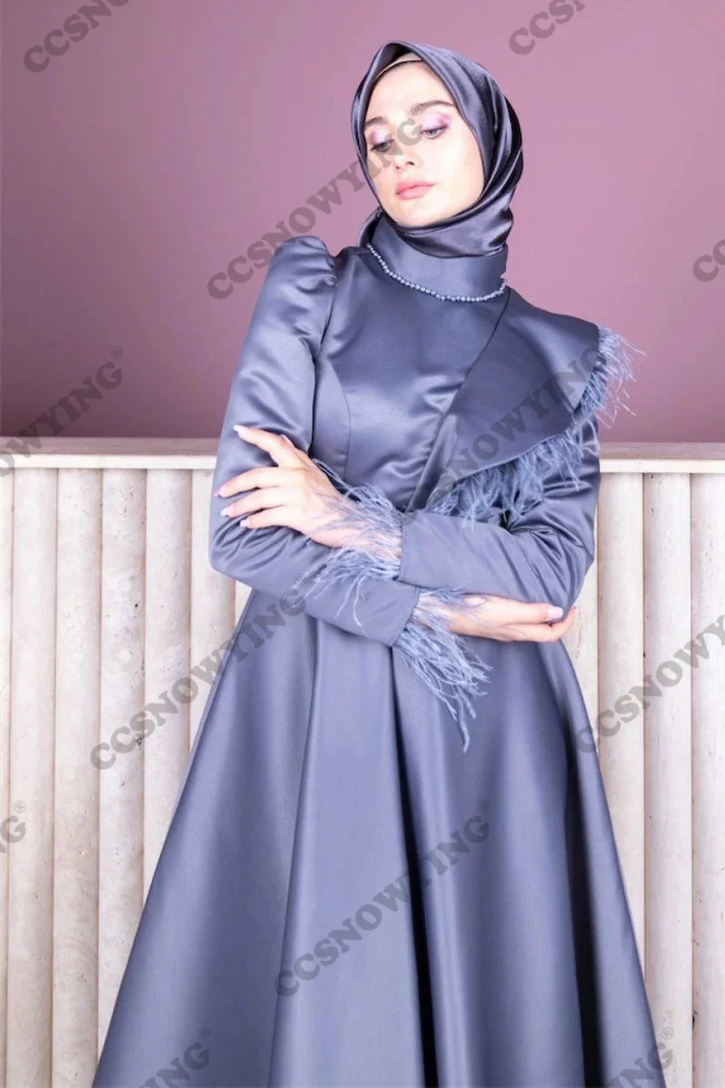 Простые мусульманские вечерние платья с длинным рукавом и высоким воротником Шифон Вечернее платье Хиджаб Женщины Арабский Кафтан Халат De Soiree