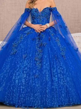 Роскошное платье Sweetheart Royal Blue Quinceanera с открытой спиной 2023 Платье для вечеринок Принцесса Кружевные аппликации с плеча на 16 лет