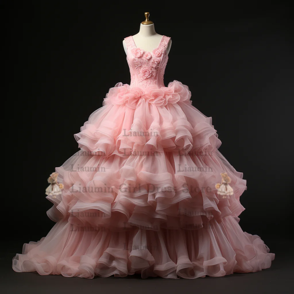 Роскошный розовый с плиссированной аппликацией цветочницы платья для свадьбы тюль принцесса юбка вечеринка конкурсное платье для детей ручной работы