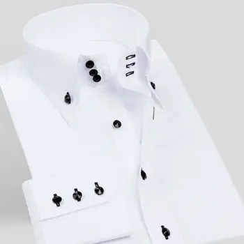 Рубашки для мужчин Длинные рукава Облегающие белые рубашки Мужская мода Повседневная дрель Пряжка Водолазка Рубашка Офисные деловые рубашки