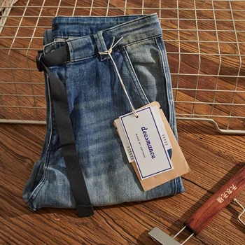 Увесистые эластичные винтажные джинсы, мужские универсальные прямые штанины на высоких улицах, стример, пэчворк, винтажные брюки с песочной промывкой
