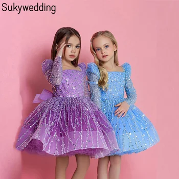 Фиолетовые платья для девочек-цветов на свадьбу детские пайетки с длинными рукавами детская вечеринка конкурсное платье принцесса детский выпускной вечер день рождения бальные платья