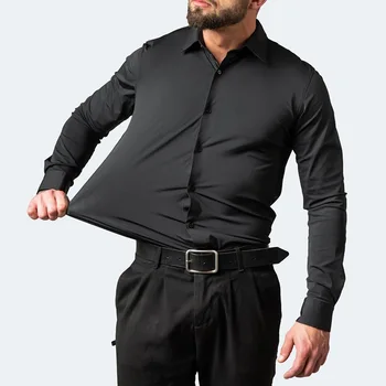  Эластичность Рубашки Мужская деловая повседневная рубашка с длинными рукавами Бренд Тонкая Однотонная Тонкая Не Железная Блузки Одежда Больших Размеров
