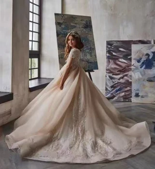 Элегантный шампанское тюль пышная аппликация бисером пайетки цветочница девушка платье для свадьбы евхаристические платья на день рождения ребенка